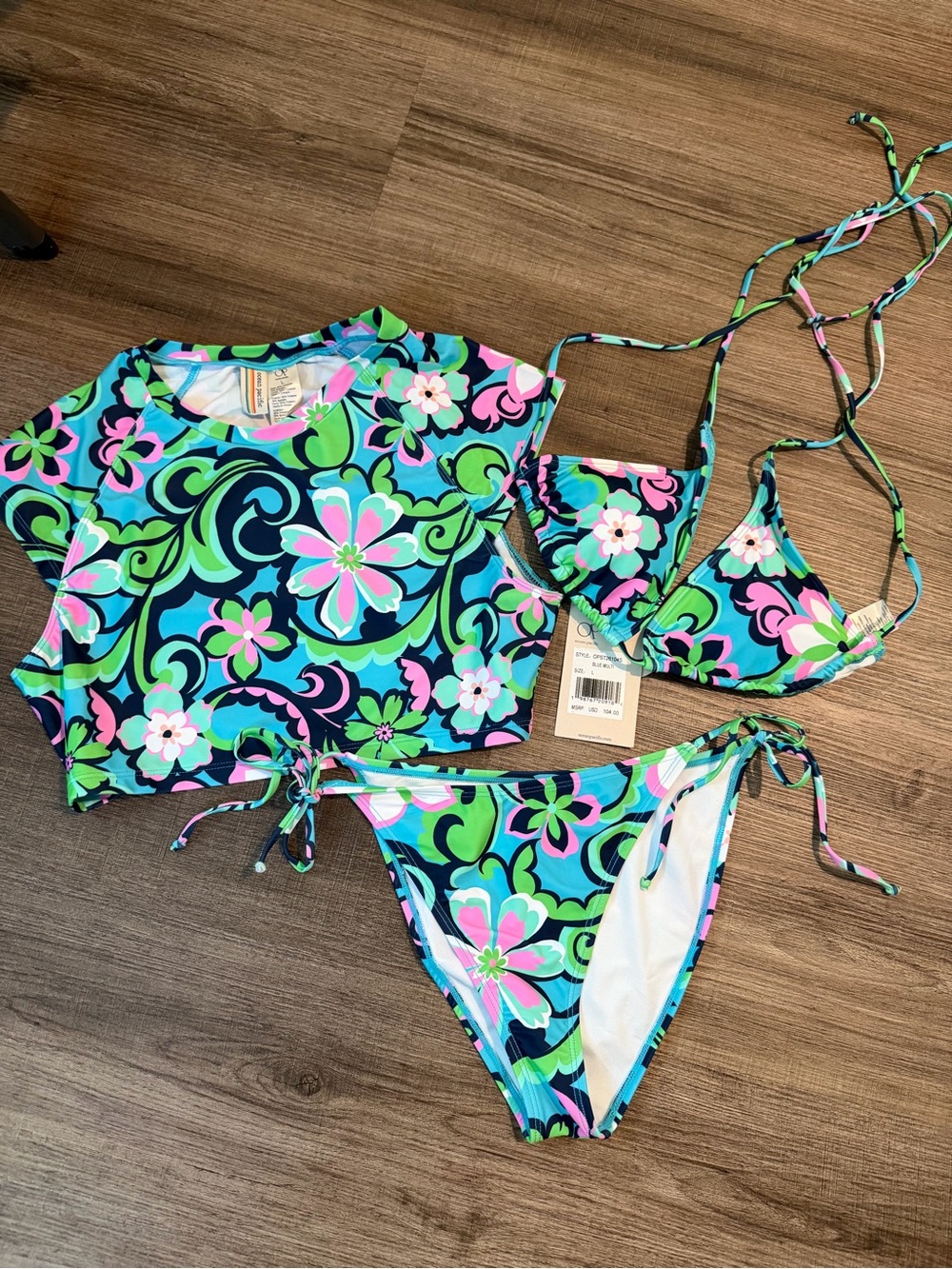 OP Women's Floral 3-Piece Bikini Set - Blue, Green & Pink